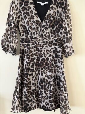 Leopard Print V-Neck Women’s Dress - Brown/Black; silk